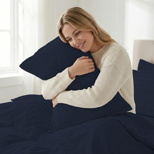 Image of LINENWALAS Cotton 300 TC Double Standard Size Pillow Cover | 2 cm Sateen Stripe Design | Cloud-Soft, Breathable & Skin-Safe | Oeko-TEX Certified Hotel-Style Bedding (20x30 inch, Set of 2, Navy Blue)