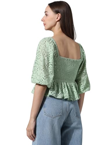 Image of ONLY Self Design Schiffli Square Neck Puff Sleeves Smocked Pure Cotton Top