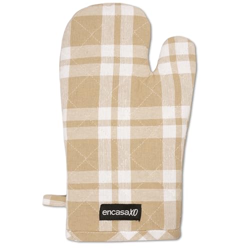 Image of Encasa XO Oven Gloves for Microwave (2 pc Set) - Heat Proof, Thick & Safe | Longer 18x30 cm Mittens for Protection in Kitchen Cooking & Baking - Franca Beige Checks