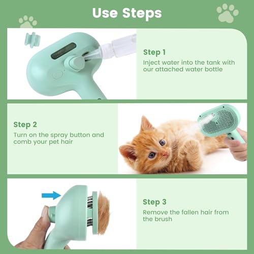Image of 3 in 1 Cat Steam Brush, Pet Spray Hair Removal Comb for Shedding & Grooming, Water Brush for Cats Dogs Small Animals Long Short Haired with One-Click Release Button(Green)