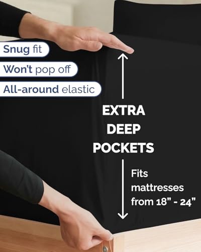 Image of Extra Deep Twin XL Sheet Set - 4 Piece Breathable & Cooling Sheets - Black | Hotel Luxury Bed Sheets Set, Easy & Secure Fit, Ultra-Soft, Wrinkle & Fade Free, Comfy Sheets Set with Extra Deep Pockets