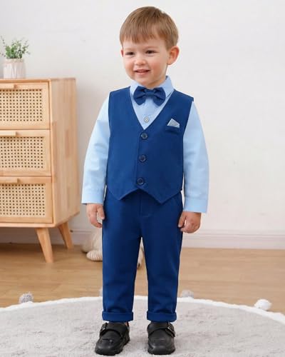 Image of YUEMION Toddler Baby Boy Clothes Suits Gentleman Dress Shirt+Bowtie+Vest+Suspender Pants Boy Formal Wedding Outfits Set 1-5T