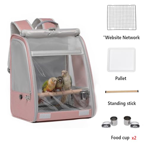 Bird Carrier Backpack, Portable Travel Bird Cage with Standing Perch, 2 Feeder Cups, Iron Mesh Stand & Removable Tray Lightweight, Breathable Mesh Window for Parrot Carrier,Easy Clean (Pink - Image 3