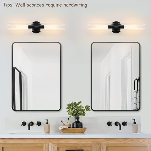 Wall Sconces Set of Two, Hardwired Matte Black Bathroom Sconces Wall Lighting with Clear Glass, Modern Sconces Wall Decor Set of 2 Bathroom Light Fixtures for Mirror Hallway (Bulbs Not Included)