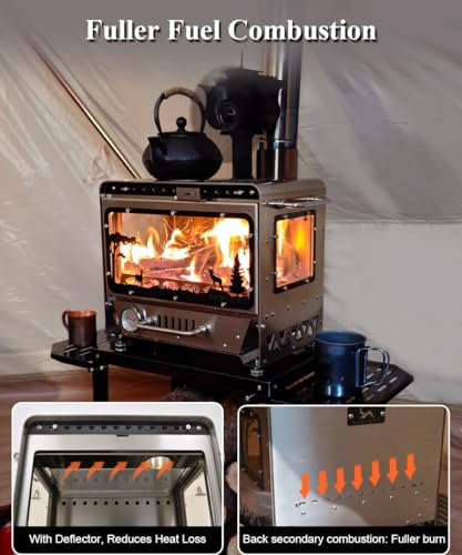 Image of TOMOUNT Hot Tent Stove,Wood Stove with Frame Base,with 7 Chimney Pipes,304 Stainless Steel with heat-resistant Glass Window