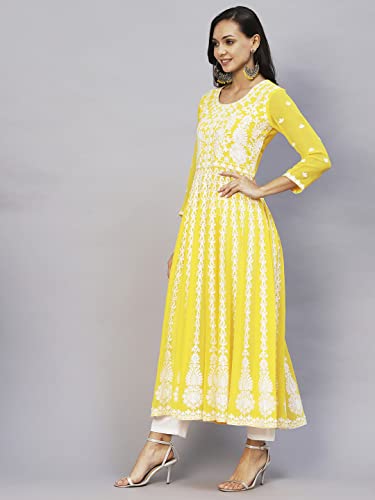 Image of ANNI Designer Women's Georgette Regular Fit Anarkali Chikankari Embroidered Calf Length Kurta Dress