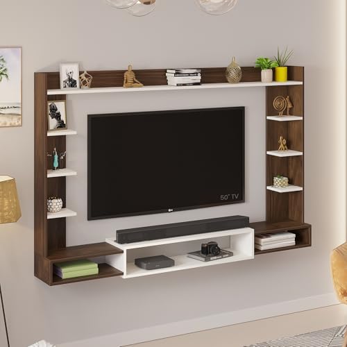 Image of BLUEWUD Orelia Wall Mount TV Unit, TV Stand /TV Entertainment Unit, TV Cabinet | TV Panel with Shelves for Soundbar & Decor Display Unit Bedroom Living Room Upto 60 Inches - DIY (Brown Maple & White)