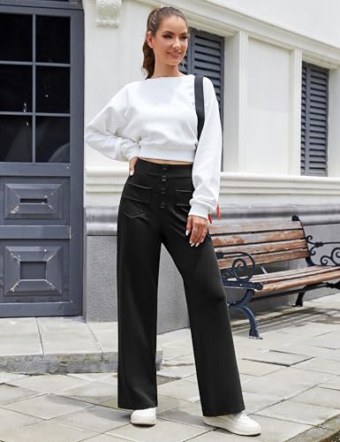 Desol Hosen Damen Stoffhose Weites Bein, Hoher Taille Sommerhose Damen Leitch Anzughose,Dehnbare Palazzo Hose mit Mehreren Taschen