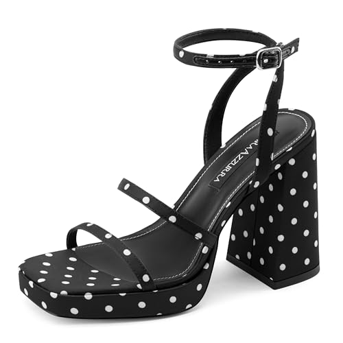 Image of MIRAAZZURRA Platform Strappy Heel Sandals Square Open Toe Two Strap Chunky High Heeled Sandals with Buckle Ankle Strap for Women Party Wedding Dress