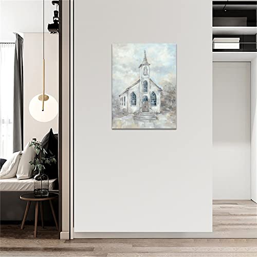 Christian Wall Art Country Church Canvas Decor Retro Rustic Church Painting Vintage Farmhouse Artwork Christian Pictures For Wall Religion Faith Framed Wall Decor For Living Room Bedroom 12"X16" #TOP2