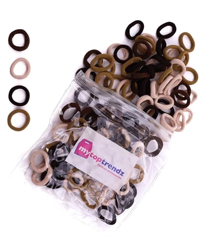 Mytoptrendz Lot de 100 mini élastiques à cheveux bruns sans accrocs pour queue de cheval - Sans métal - Sans danger - Sans couture - Pour tout-petits et femmes - Cheveux fins (dégradé de marron) – vue 6