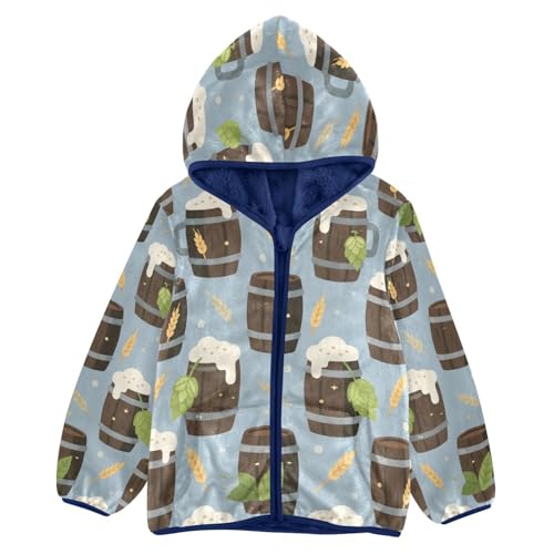 Beer Mugs with Wheat Leaves Toddler Fleece Jacket Girl Boys Hooded Fleece Jacket Coat Warm Outwear Zip-up 3-10T