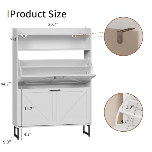 Image of Shoe Cabinet with 2 Flip Drawers, Freestanding Hidden Shoe Storage Organizer for Entryway, Narrow Slim Shoe Rack Cabinet with Open Storage & Hooks for Front Door Entrance, Living Room, Hallway, White
