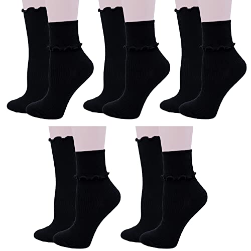 Bienvenu Ruffle Slouch Socks for Women, Cute Cotton Crew Socks, Frilly Novelty Knit Socks 5 Pairs2