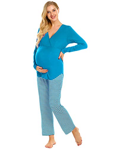 Ekouaer Womens Maternity Nursing Top and Striped Pants Long Sleeve PJS Nightgown Breastfeeding Set (Black Striped XL)