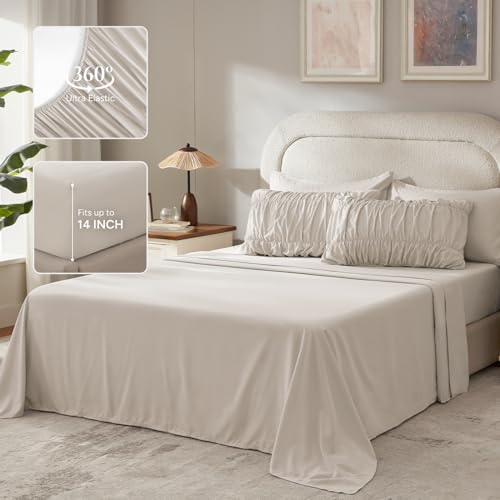 Image of Andency Ruched Oversized Queen Comforter Set Linen, 7 Pieces Ruffle Bed in a Bag, Shabby Chic Pleat Bedding Set with Comforter, Sheets, Pillowcase & Sham, Lightweight, Soft, All Season