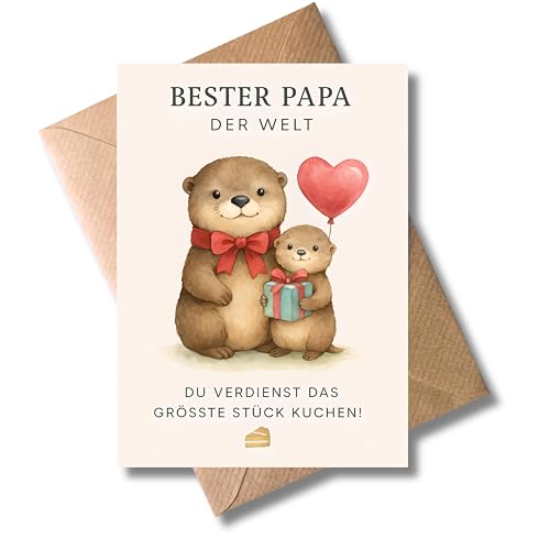WBdesignz Bester Papa der Welt Karte mit Umschlag - Süße Otter-Familie mit Herzballon & Kuchenstück - Herzliche Geburtstagskarte oder Dankeskarte für Vater Papa Stiefväter Paten (DIN A6)