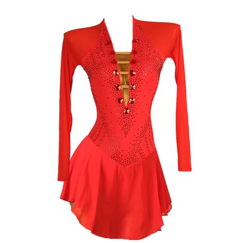 Vestidos de patinação artística, vestido curto de malha vermelha, decote em V, borla, manga comprida