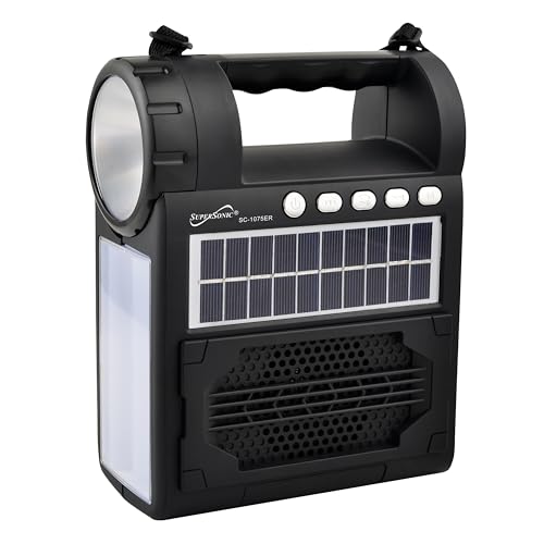 Supersonic SC-1075ER Solar Power Bluetooth Speaker with FM Radio, Flashlight & Lantern, 360° Antenna, Flashlight, Lantern, USB/SD/3.5mm AUX Input, Rechargeable Battery and Solar Panel