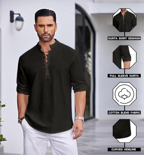 Image of Macsivo Men's Stylish Mandarin Collar Kurta | Casual Ethnic Fusion Shirt for Daily, Party & Travel | Full Sleeves | Cotton Blend Comfort Fit Short Kurta