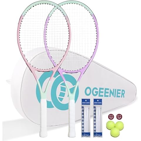 OGEENIER 27" Tennis Racket Set for Adults, Pre-Strung Tennis Racquets for Beginners, 2-Player Recreational Tennis Set with 3 Balls, 2 Vibration Dampers, 2 Grips, 1 Tennis Bag Cover