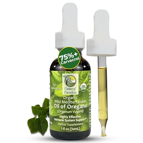Center of Paradise Wild Mediterranean Oil of Oregano with 75%+ Carvacrol (1 fl oz) Certified Oregano Oil Organic Drops in Extra Virgin Olive Oil for Immune* & Respiratory* Support, Approx 450 Servings