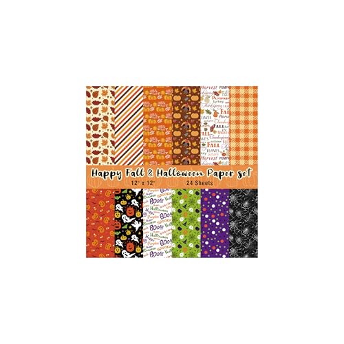24 Sheets Fall & Halloween Pattern Paper - 11.8 x 11.8In Double-Sided Scrapbook Specialty Paper Ghost Bat Spider Web Pumpkin Leaves Decorative Craft for Card Making Photo Album Journal DIY Craft