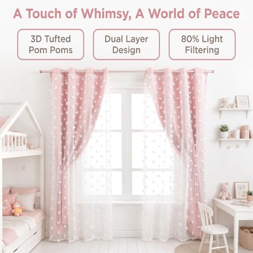 Image of Pink Room Darkening Curtains for Girls Nursery Bedroom 52x90 Inch | 80% Blackout Double Layer Curtains with Pom Pom Sheer Overlay, Grommet Privacy Drapes for Toddler Bedroom Decor, 2 Panels