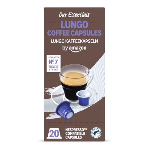 by Amazon Lungo Coffee Plastic Capsules Nespresso Compatible 20 Count Pack of 1- Rainforest Alliance Certified