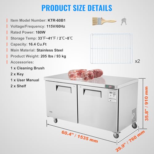 Image of VEVOR 60 inch Commercial Refrigerator Sandwich & Salad Prep Table, 16.4 Cu. Ft Stainless Steel Refrigerated Food Prep Station with 2 Doors, Frost Free Refrigerator with Lock for Restaurant, Bar, Store