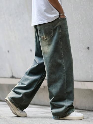 Image of NUCOUTHS Men Greentint Jeans | Stylish Washed Denim Jeans for Men | Slim Fit Casual Wear