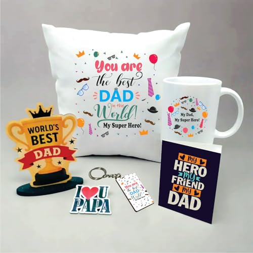 Image of PICRAZEE Gift for Father on Birthday | Birthday Papa | Father's Day (12 inch*12 inch Satin Cushion with Filler, Ceramic Mug, Key Ring & Greeting Card) (706)