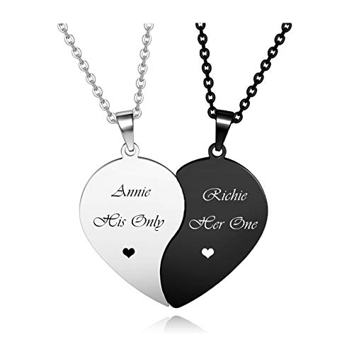 Zysta Lot de 2 Colliers Coeur Séparable Puzzle Personnalisé pour Couple, Collier d’Amitié Personnalisable Gravure Prénom Date, Bijoux Fantaisie Cadeau pour Anniversaire Saint-Valentin, Argenté + Noir Cover