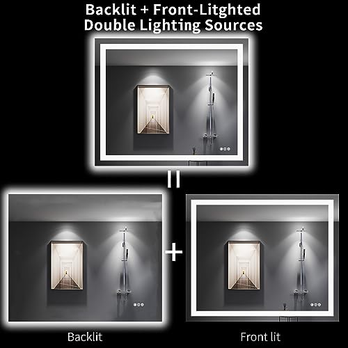 Image of LOAAO 48 inchX40 inch LED Bathroom Mirror with Lights, Anti-Fog, Dimmable, Backlit + Front Lit, Lighted Bathroom Vanity Mirror for Wall, Memory Function, Tempered Glass, Shatter-Proof, ETL Listed