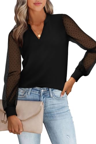 Women's Mesh Long Sleeve Shirts Dressy Casual V Neck Blouses Business Work Tops