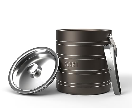 Image of SAKI Stainless Steel Ice Bucket with Tong - 1500 ml | Double Wall Insulation | Premium Ice Bucket for Bar & Home | Gray Color | Ring Design, Medium, 1.5L