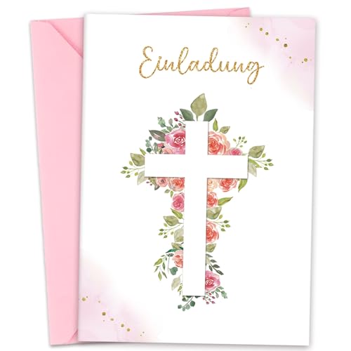 BOYATONG 12 x Einladungskarten mit Umschlag, Elegante Kreuzkarte, Rosa Rosen, Zarte Vergoldete Karten, für Mädchen Taufe Konfirmation Kommunion Firmung