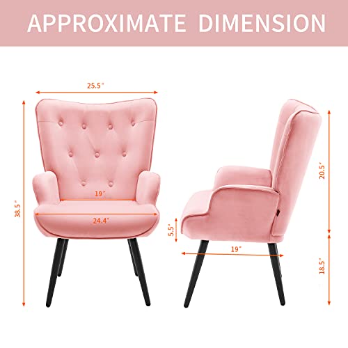Furniliving Modern Accent Chair, Velvet Tufted Button Wingback Reading Chair Upholstered Comfy Lounge Chair With Arms High Back Side Chair With Solid Metal Legs For Living Room Bedroom, Pink #TOP1