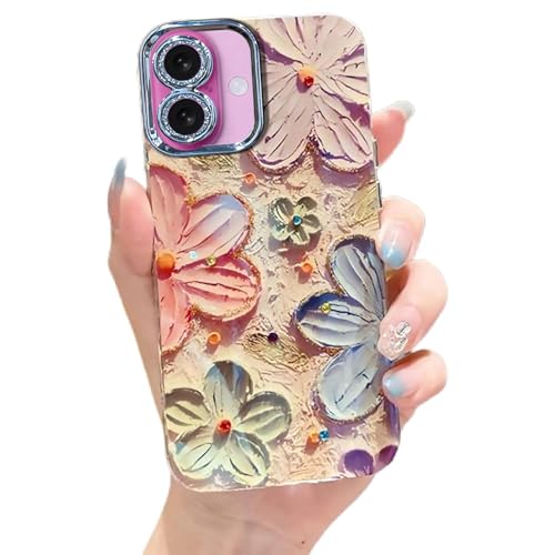Image of Elzzi Compatible with iPhone 16 Case Oil Painting Flower Colorful with Len Prtotection Shockproof PC+TPU Glossy Back Cover for Girls Women, Pink