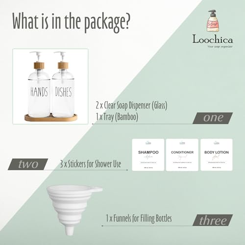 Image of LOOCHICA Clear Glass Soap Dispenser Set with Tray, Transparent Dish and Hand Soap Dispenser Set, Refillable Reusable Apothecary Soap Pump Dispenser Bottles for Bathroom and Kitchen
