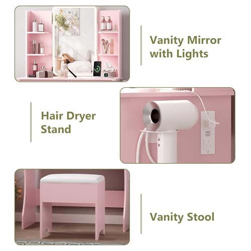 Image of Small Vanity Desk with Mirror and Lights, Makeup Vanity with LED Lights, Pink Vanity Mirror with Lighted Desk and Chair, 3 Lighting Adjustable Compact Dressing Table with Mirror for Women, Girls