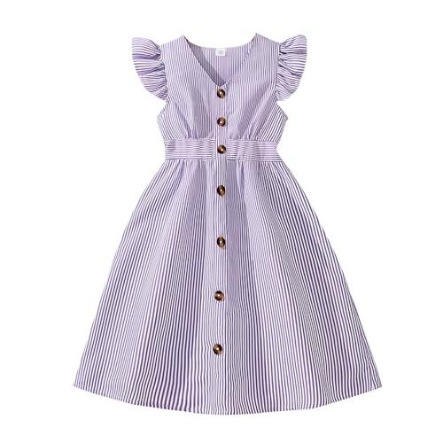 Girls Summer Striped Dress Teen Girl Spring Casual Ruffle Button Down V Neck Dresses Sleeveless Beach Vacation Flowy Dress Lightweight Cotton Loose Preppy Sundress, Size 8 Years