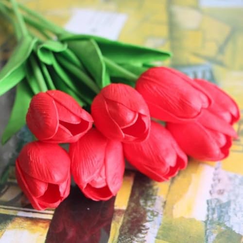 Image of Artificial Tulip Flower Stems (Pack of 5, Vase Not Included) - Realistic Faux Flowers for Home Decor, Living Room, Bedroom, Office, Wedding Decoration (red)