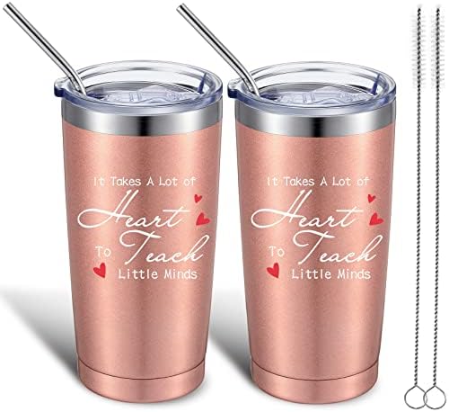 2 Pack It Takes a Big Heart to Teach Little Minds Travel Mug, Teacher Appreciation Gifts for Women Men, Personalized Birthday Graduation Thank You Gifts for Teachers, 20 oz Mug Tumbler (Rose Gold)