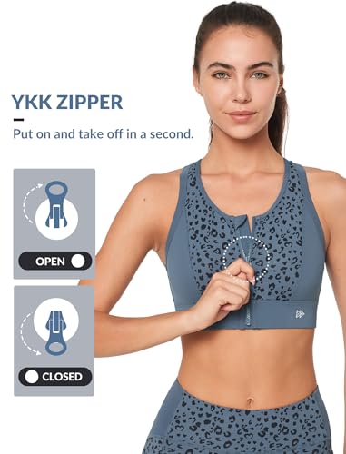 Yvette Women's Sports Bras High Impact Leopard Print Zip Front Racerback High Support Workout Bras for Large Busts Running4