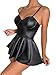 Gain Love Women's Plunging Neck Spaghetti Strap Mini Dress PU Leather Sleeveless A Line Flared Casual Partywear (XX-Large) Black