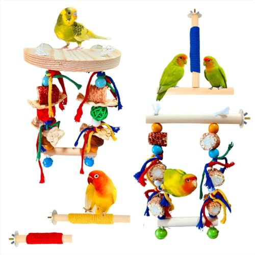 Image of Bird Perches,Natural Wood Birds Stand Branch with Chew Toys,Parakeet Parrot Perch for Cage, Bird Cage Chew Toy & Hanging Toy for Cockatiels Lovebirds Budgies