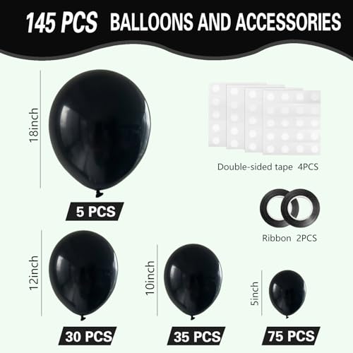 Black Balloons 145pcs Different Sizes 5in 10in 12in 18in Shiny Metallic Black Latex Balloon Arch Kit Garland for Graduation Halloween Baby Shower Birthday Party Decoration - Image 3