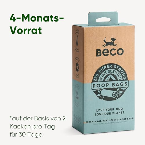 Beco Starke und große Kotbeutel – 270 lose verpackt mit Griffen zum Binden – Boxspender (Minze - 270 Kotbeutel)