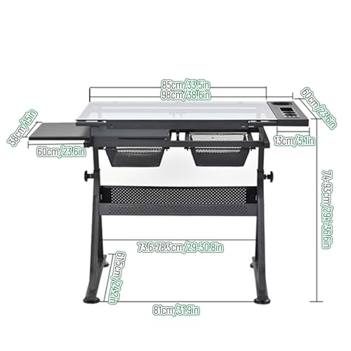 JYETAXDISS Height Adjustable Drafting Table Glass Topped Drawing Desk, Tilted Tabletop, w/Drafting Stool and Storage Drawer for Reading, Writing, Crafting, Painting Art - Image 4